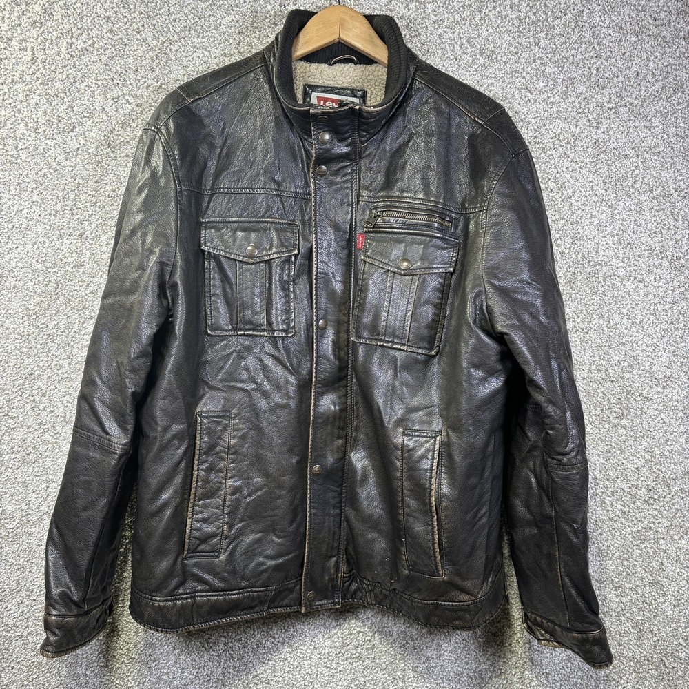 Levis Jacket Mens XL Black Faux Leather‎ Sherpa Lined Full Zip Pockets Military